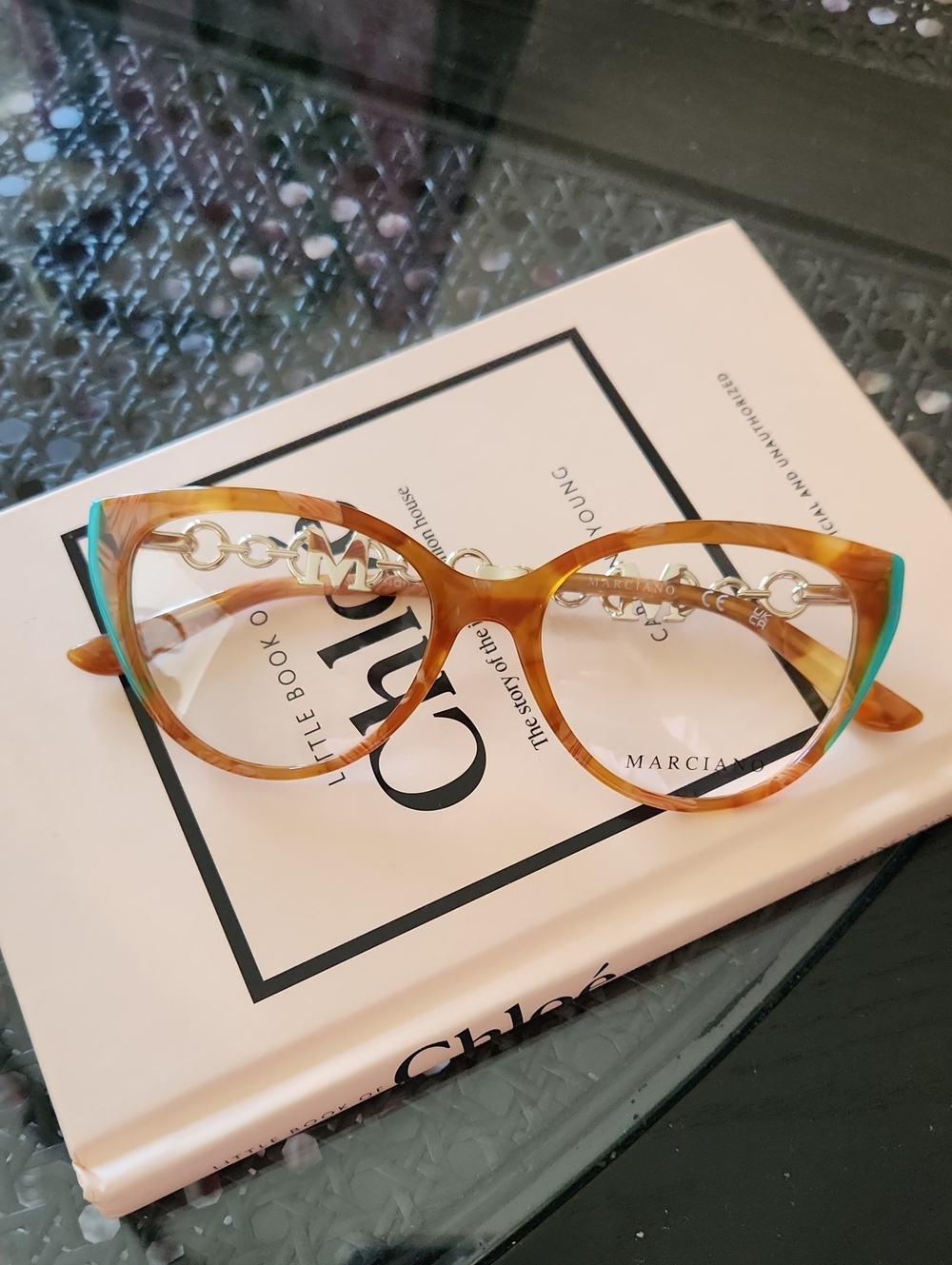 Marciano Tortoiseshell Cat-Eye Glasses with Turquoise Tips and Gold Chain